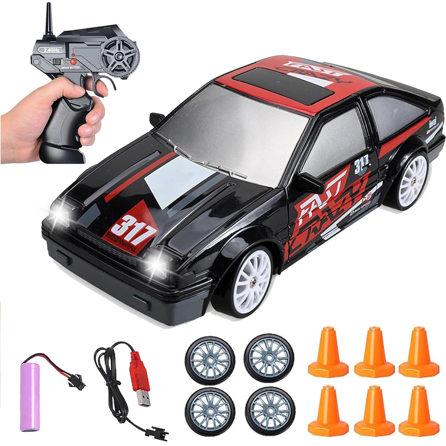 Toyota AE86 RC Drift Remote Control Car – LED Lights Cars, Rechargeable Racing Car, Drifting Tires, 2.4GHz, Ideal Birthday Gift for Boys, Girls, Kids & Adults -:24 Scale, 15Kmph High-Speed, 4WD,