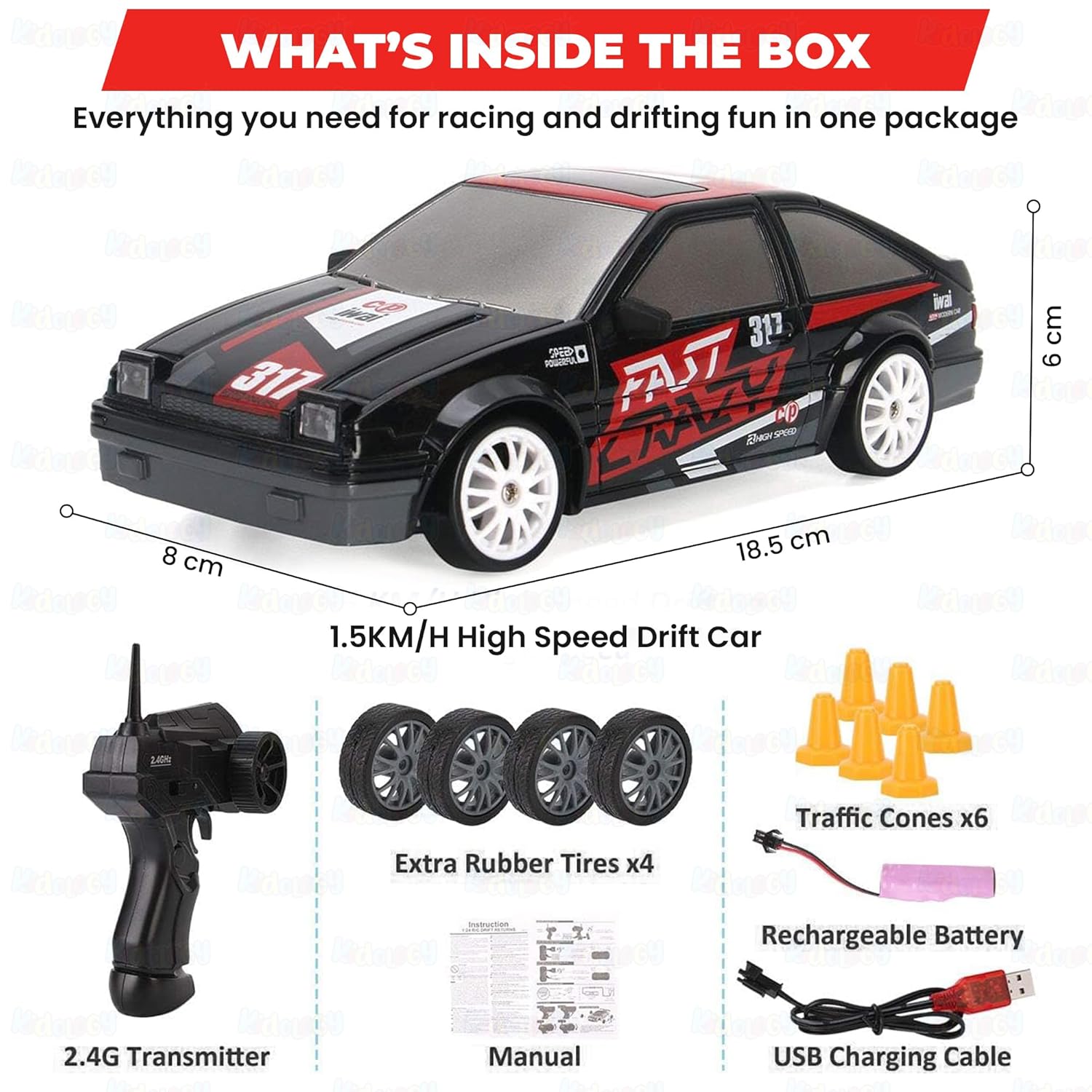 Toyota AE86 RC Drift Remote Control Car – LED Lights Cars, Rechargeable Racing Car, Drifting Tires, 2.4GHz, Ideal Birthday Gift for Boys, Girls, Kids & Adults -:24 Scale, 15Kmph High-Speed, 4WD,