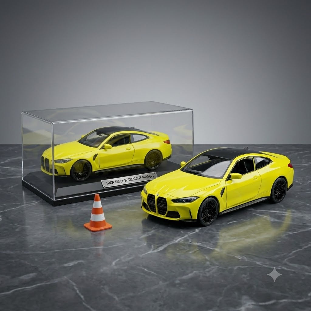 BMW M3 1:32 Scale Diecast Model Car | Yellow | Premium Metal Die Cast Kit with Display Case